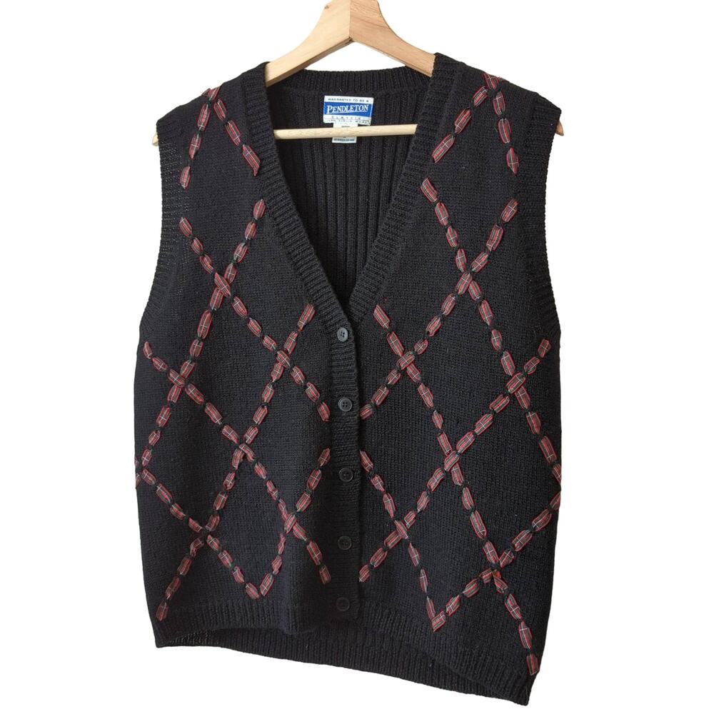 Vintage Pendleton Cardigan Sweater Vest Black Red Christmas Holiday Medium‎ Wool